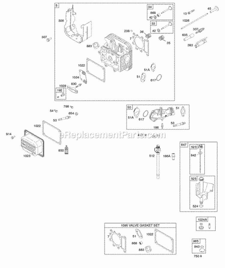 Cylinder Head Gasket Set -Valve Intake Manifold Lubrication Valves Diagram and Parts List for  Briggs and Stratton Engine
